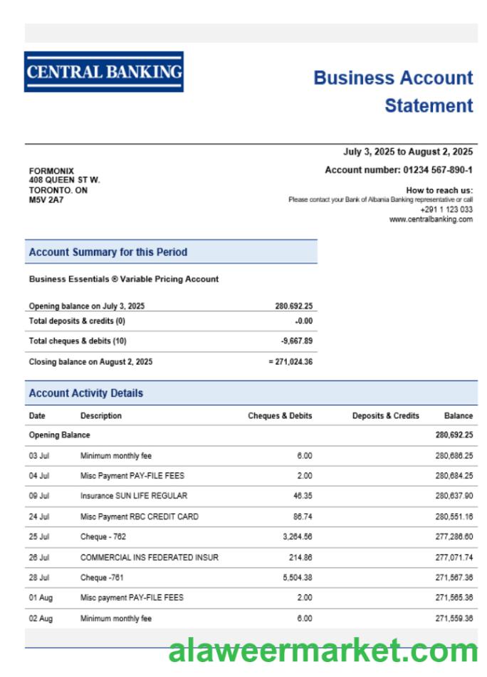 Central bank business statement Word and PDF format